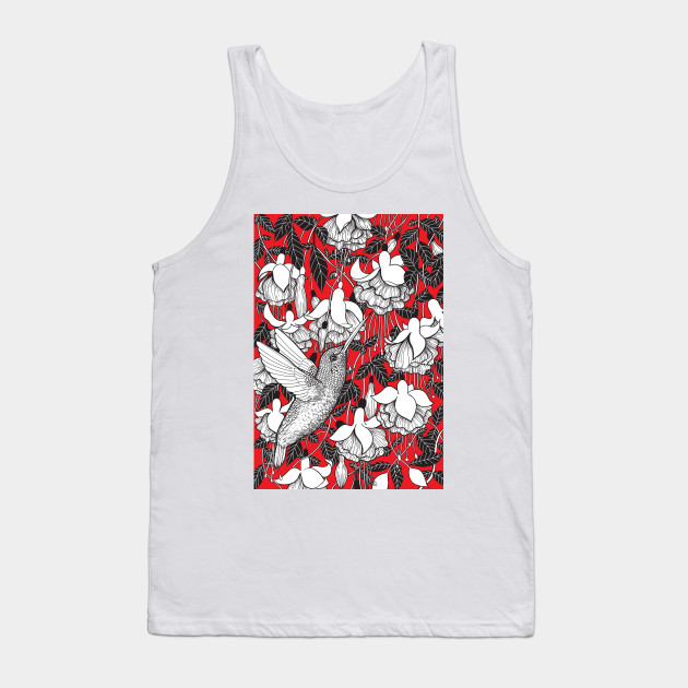 Hummingbird and fuchsia, red background